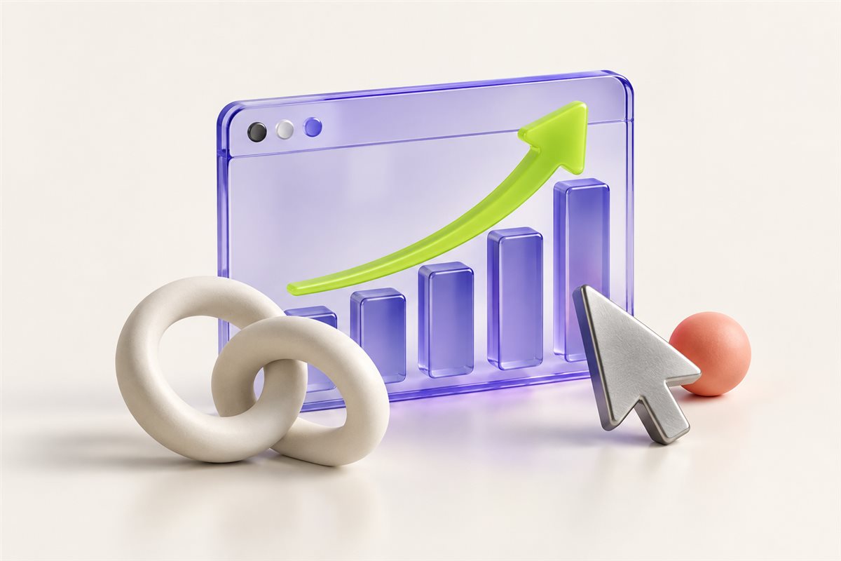 A violet analytics chart and lime arrow, illustrating project growth.